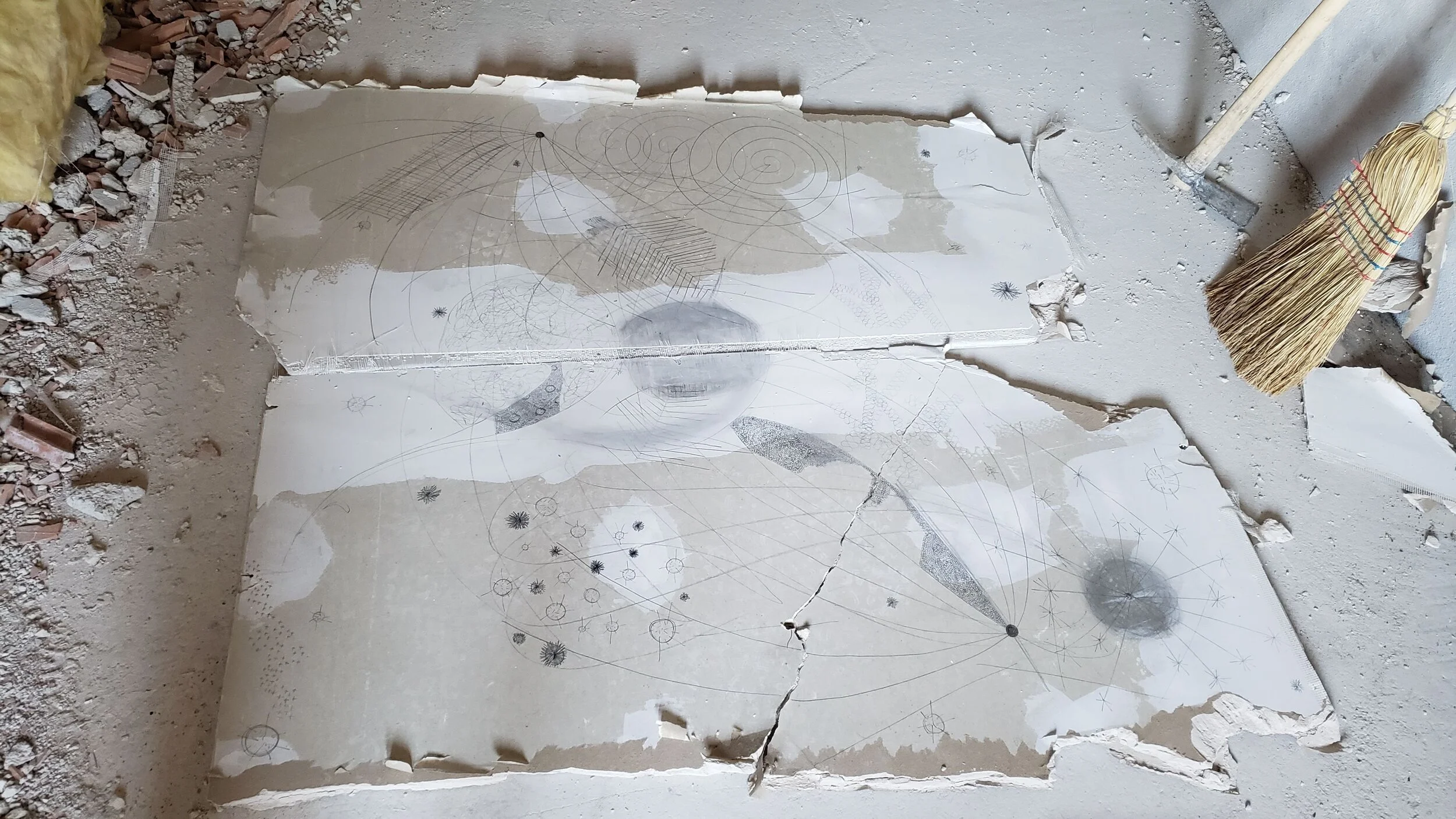   My map of bones, muscles, and organs from our current workshop. Since we are in the midst of house renovations I used drywall from the recently demo’d ceiling as my “paper”.  